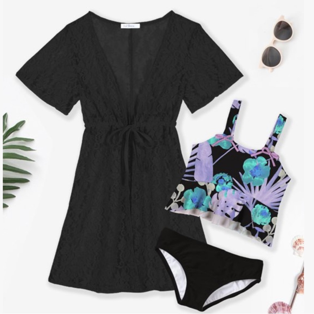 Trend Blossoms Ruffle-Hem Bikini and Cover Up Set - Size 8